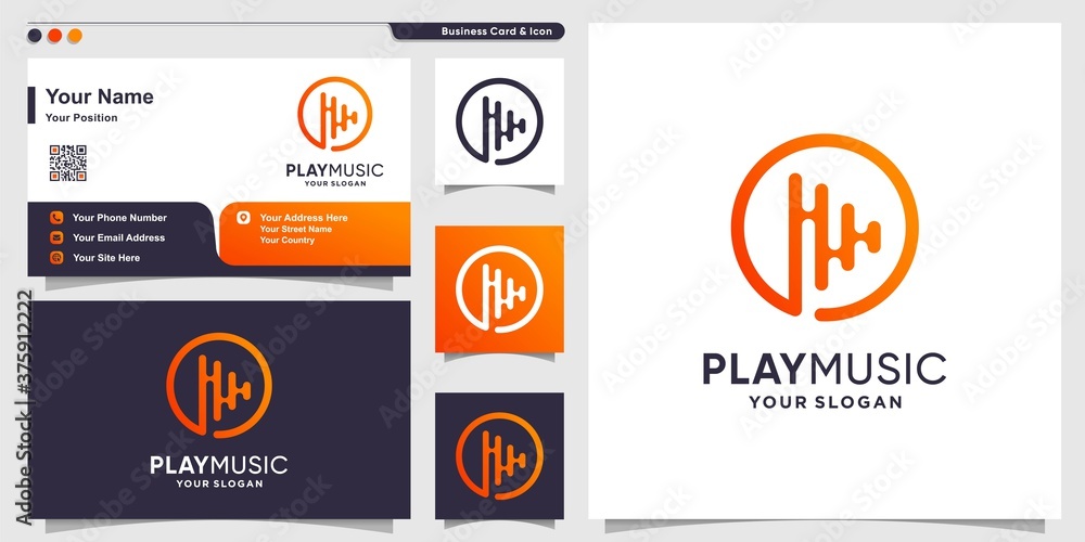 Music logo with gradient play line art style and business card design template Premium Vector Music logo with gradient play line art style and business card design template Premium Vector