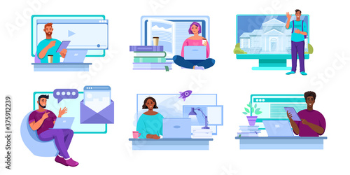 Online education vector set with diverse people working and studying in internet at home. Virtual university and school concepts with multinational students. Online education and career flat designs