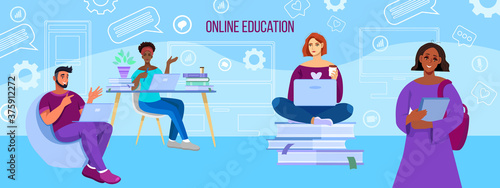 Online university and school education illustration with diverse people studying in internet. Virtual courses and training banner with multinational students. Online education vector flat background