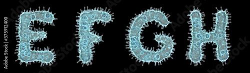 Set of letters made of virus isolated on black background. Capital letter E, F, G, H. 3d rendering. Covid font photo