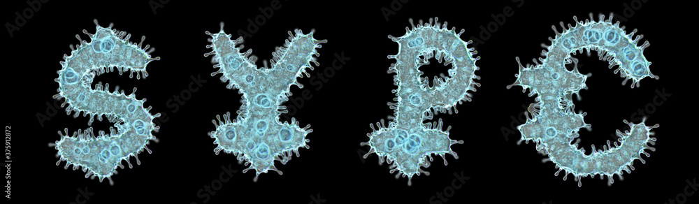 Alphabet made of virus isolated on black background. Symbol dollar, yen, rouble, euro. 3d rendering. Covid font