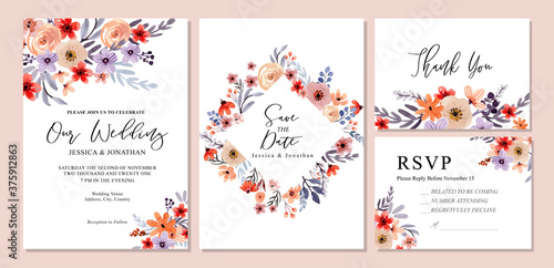 Sweet Orange and Purple Floral Watercolor Wedding Invitation RSVP © anjaartstudio