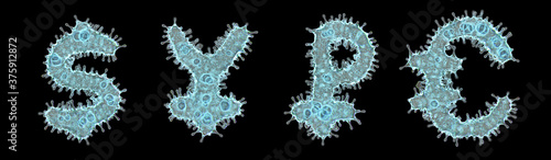 Alphabet made of virus isolated on black background. Symbol dollar, yen, rouble, euro. 3d rendering. Covid font photo