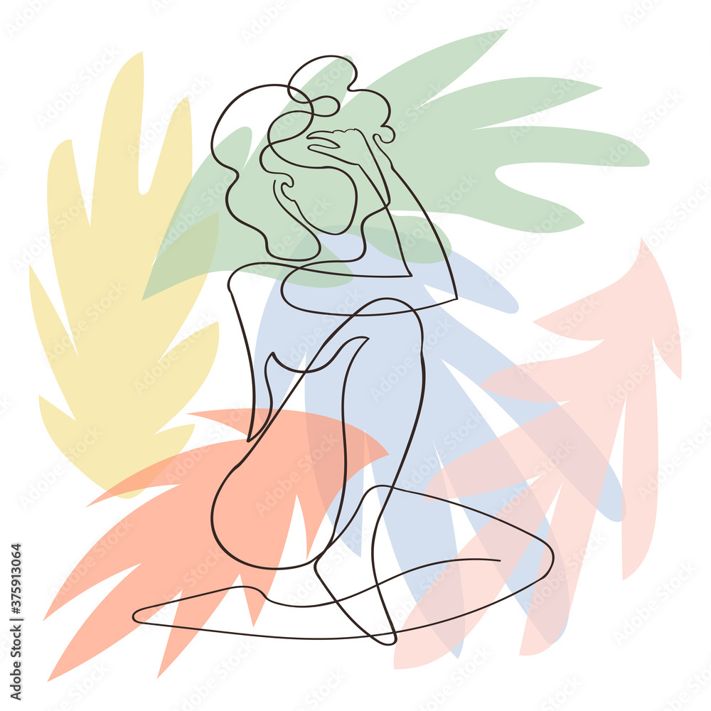Naklejka premium Vector outline illustration of woman body on floral background with exotic leaves. One line drawing. Greeting card, poster, banner, social media post, fashion print, invitation, sale, brochure