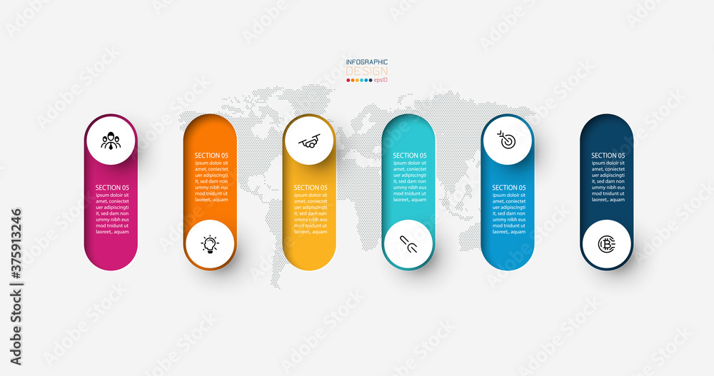 Vector Infographic 3d long circle label, infographic with number 6 options processes.