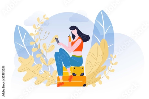Summer vacation, simple composition, furlough exemplification, beautiful suitcases, design, cartoon style vector illustration. Elegantly girl, attractive stylish lady, amazing look, glamor hair.