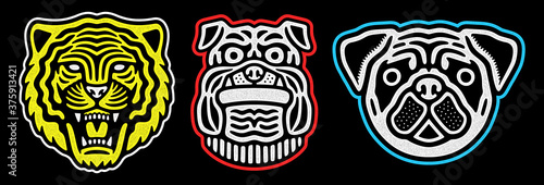 Set of retro animal faces. Vintage tiger, pug, bulldog design. Retro logo.