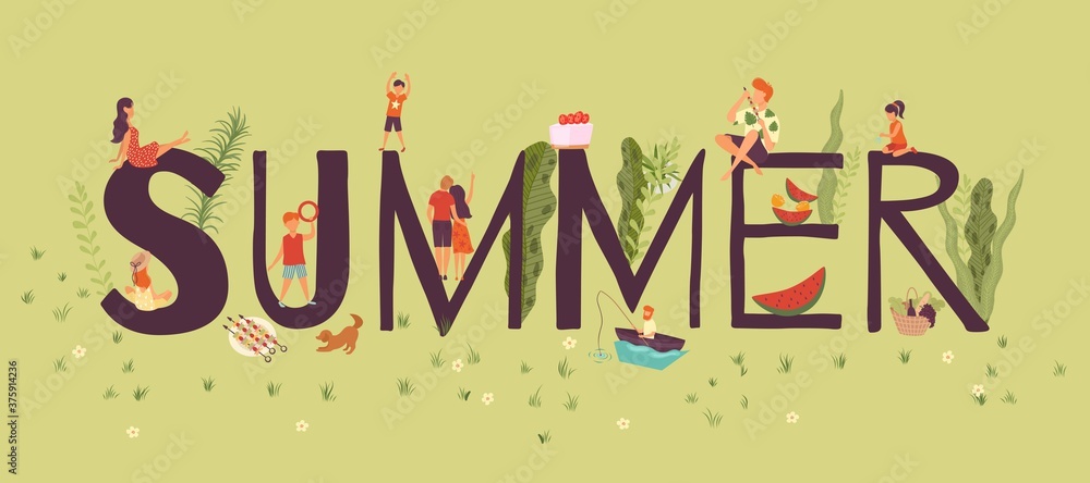 Useful rest, composition summer capital letters and tiny people, outdoor recreation in nature, design cartoon vector illustration. Active lifestyle, colorful landscape, travel adventure, hiking, - obrazy, fototapety, plakaty 
