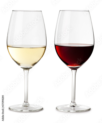 Two red cabernet pinot malbec merlot and white chardonnay sauvignon blanc wine glasses isolated on whiten background for use alone or as a design element