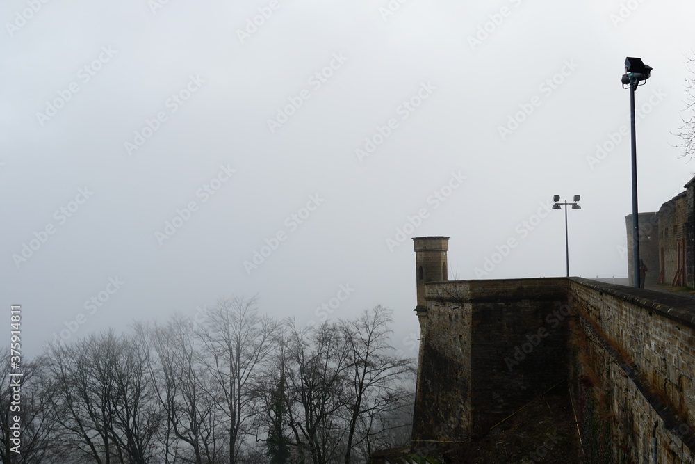 A small tower of hohenzollern castle in Germany, Europe. The tower on the outer walls with leafless trees and overcast sky on the background in winter. There are lanterns for artificial illumination.