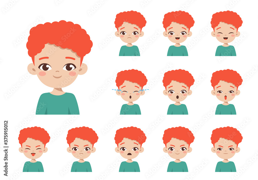 Set of ginger boy with different facial expressions. Cartoon character isolated Set of ginger boy with different facial expressions. Cartoon character isolated