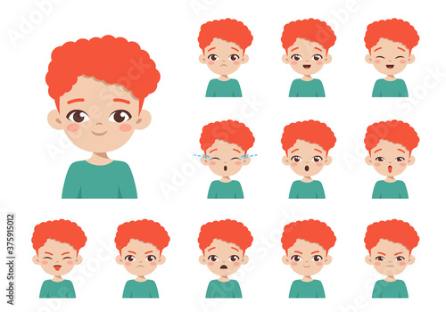Set of ginger boy with different facial expressions. Cartoon character isolated