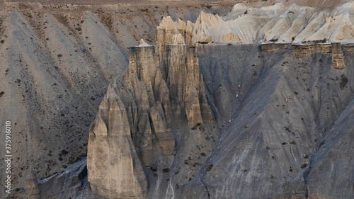 Abstract patterns and textures of hills with moderate vegetation, rivers, clouds and clear sky of high altitude cold desert - Spiti Vally. Panoramic views of spectacular landscapes and strange terrain