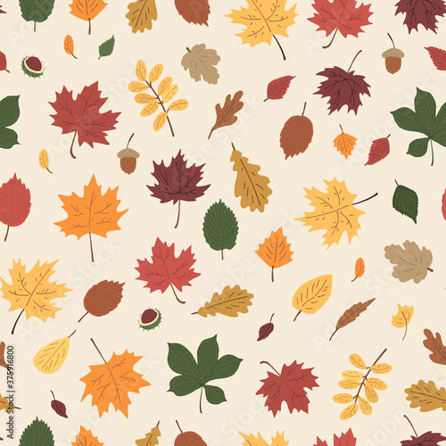 Autumn leaves hand drawn doodle seamless vector pattern.