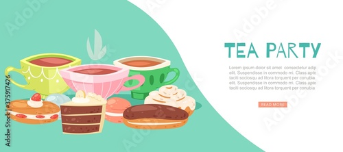 Tea party vector illustration. Cartoon flat web banner design with porcelain cup of hot fresh drink beverage, chocolate cake slice, eclair and sweet cream food dessert. Romantic gourmet lunch time