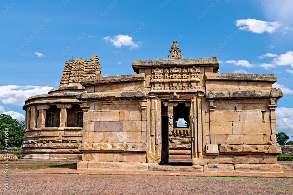 Beautifully carved Left side entrance of Durga temple, Aihole, Karnataka, India.