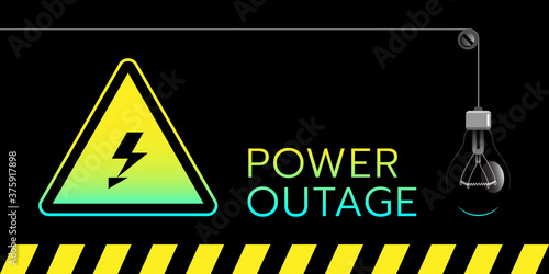 Banner of a power outage with a warning sign and an extinguished light bulb all these stuff on the solid black background.