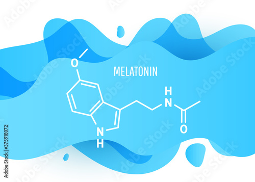 Melatonin structural chemical formula with blue liquid fluid gradient shape with copy space on white background