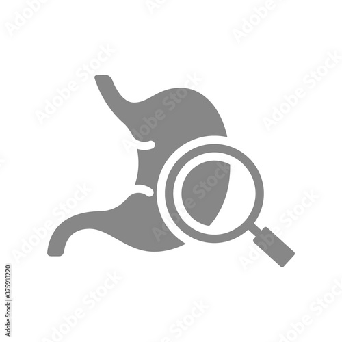 Stomach with magnifying glass grey icon. Disease prevention symbol