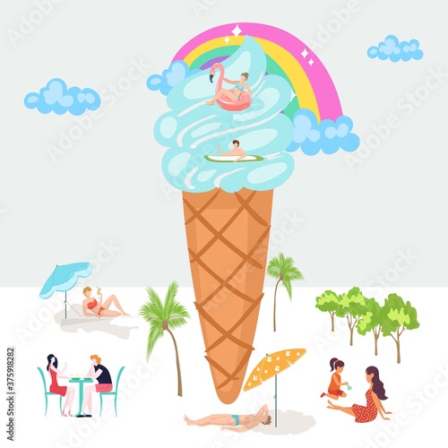 Vacationers folk, sea beach, tiny people over blue abstract ice cream, fun time, design, cartoon style vector illustration. anner depicting woman under sun, elements rainbow, happy young humanity.