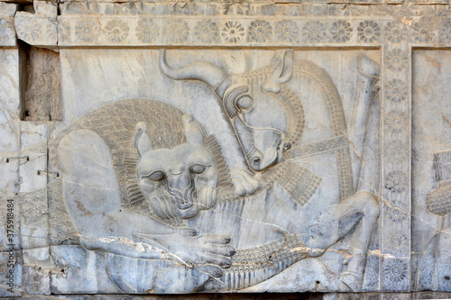Apadana Palace, Persepolis. Lion and bull at the central facade of the eastern stairway. Possibly an allegorical symbol for Nowruz.