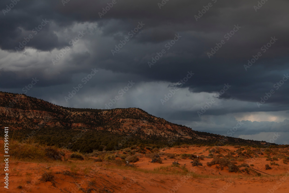 Stormy sky and clouds before sunset above the Coral Pink Sand Dunes State Park near Kanab, Utah, USA Stormy sky and clouds before sunset above the Coral Pink Sand Dunes State Park near Kanab, Utah, USA