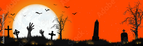 Halloween zombie hands in front of full moon