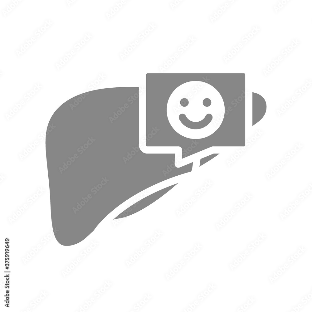 Liver with happy face in chat bubble gray icon. Accessory digestive organ symbol Liver with happy face in chat bubble gray icon. Accessory digestive organ symbol