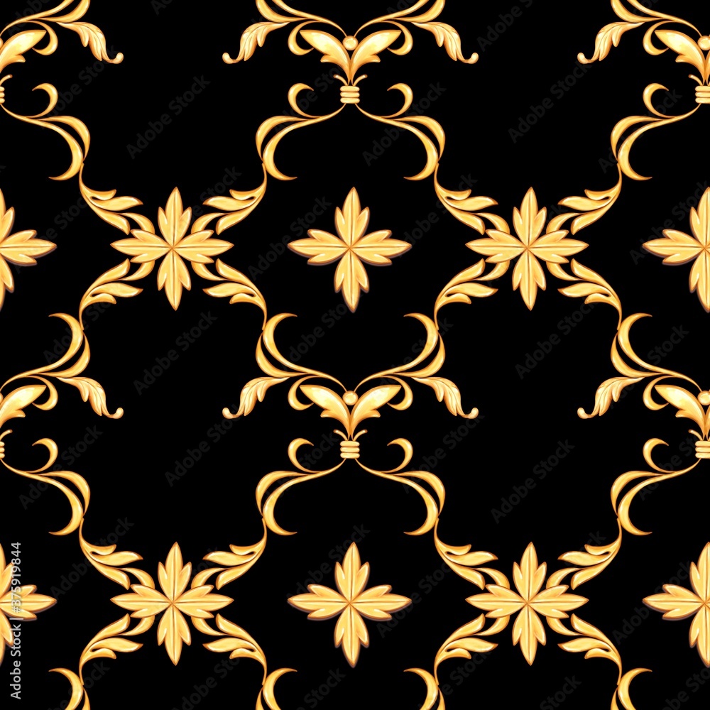 Seamless golden baroque pattern with gold scrolls on black background. Seamless golden baroque pattern with gold scrolls on black background.