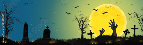 Halloween zombie hands in front of full moon