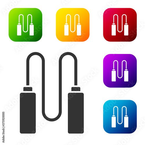 Black Jump rope icon isolated on white background. Skipping rope. Sport equipment. Set icons in color square buttons. Vector Illustration.