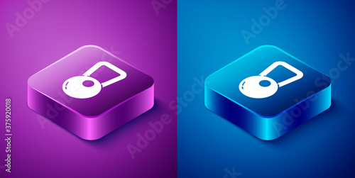 Isometric Kettlebell icon isolated on blue and purple background. Sport equipment. Square button. Vector Illustration.