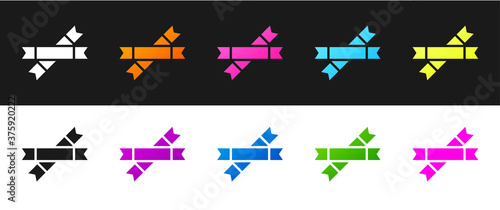 Set Sugar stick packets icon isolated on black and white background. Blank individual package for bulk food products as coffee, salt, spices. Vector Illustration.