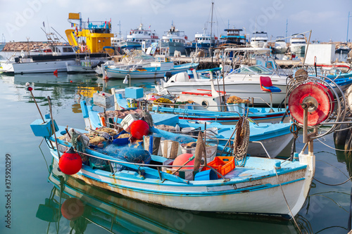 Small Greek fishing boats are moored in Ayia Napa