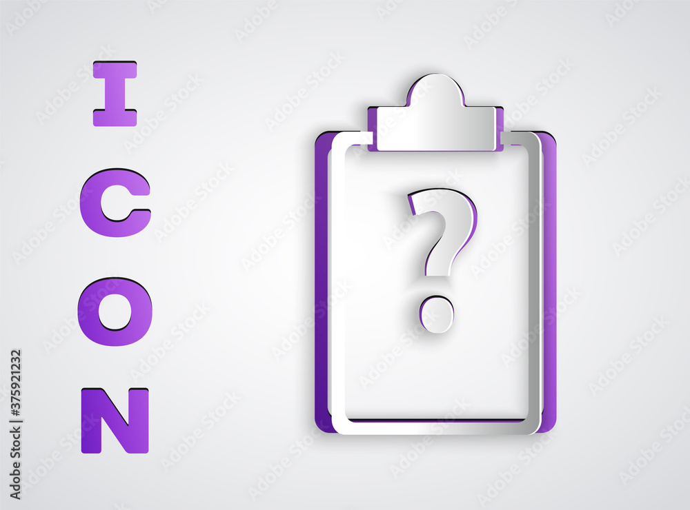Paper cut Clipboard with question marks icon isolated on grey background. Survey, quiz, investigation, customer support questions concepts. Paper art style. Vector Illustration. Paper cut Clipboard with question marks icon isolated on grey background. Survey, quiz, investigation, customer support questions concepts. Paper art style. Vector Illustration.