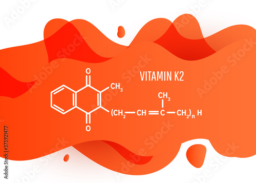 Vitamin K2 structural chemical formula with orange liquid fluid gradient shape with copy space on white background