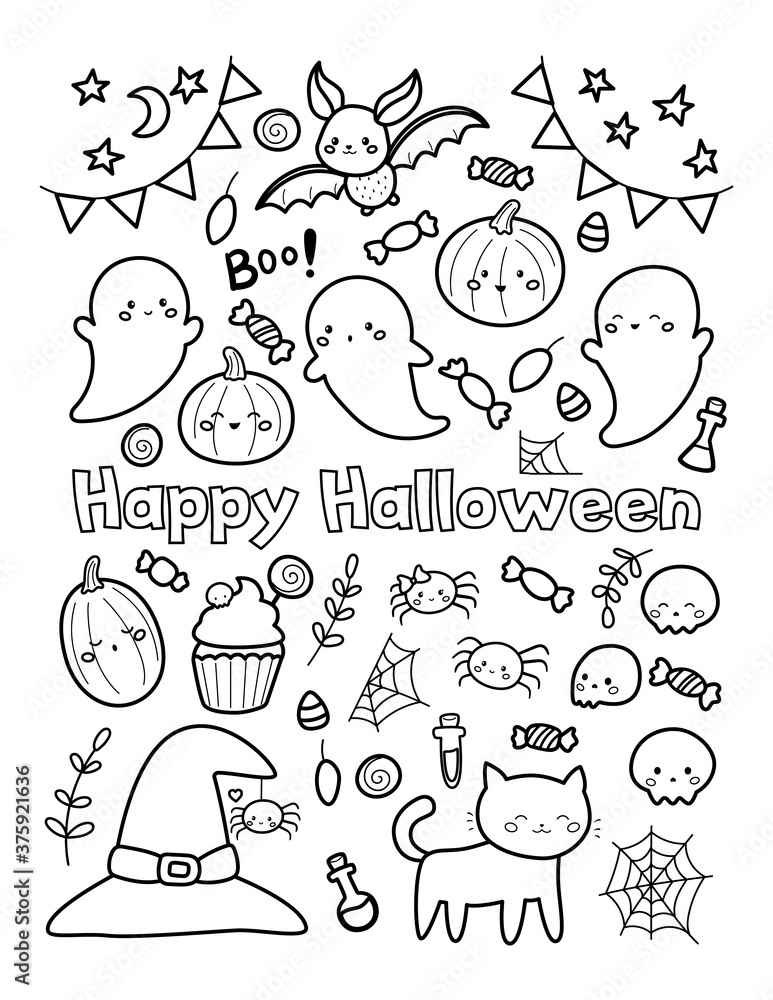 Happy Halloween coloring page for children. Cute doodle pumpkins, ghost, bats, sweets and cats. Kawaii cartoon characters.