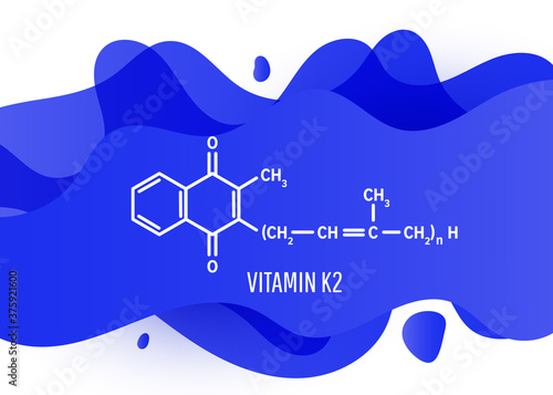 Vitamin K2 structural chemical formula with a blue liquid fluid gradient shape with copy space on white background