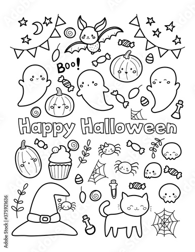 Happy Halloween coloring page for children. Cute doodle pumpkins, ghost, bats, sweets and cats. Kawaii cartoon characters. © Kristina