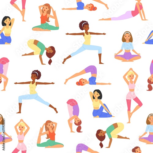 Yoga seamless pattern, beautiful girls body, fitness training, design cartoon style vector illustration, isolated on white. Active lifestyle, stretching exercise, pose for relaxation, workout in gym.