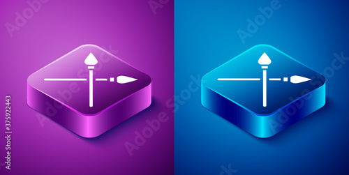 Isometric Crossed medieval spears icon isolated on blue and purple background. Medieval weapon. Square button. Vector.