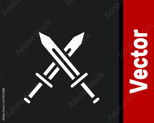 White Crossed medieval sword icon isolated on black background. Medieval weapon. Vector.
