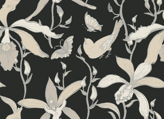 Wandcirkels Orchidee patronen Orchideeën met vogels en vlinders  © wandapelin gmail com
