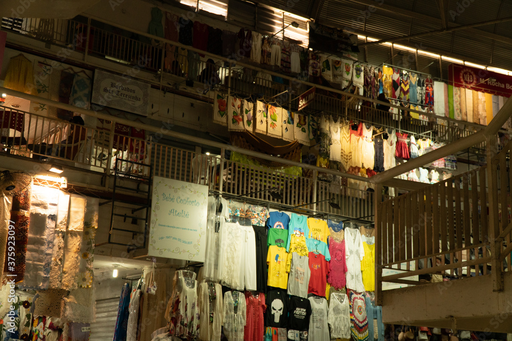 towels, t-shirsts for sale in a market in Brazil