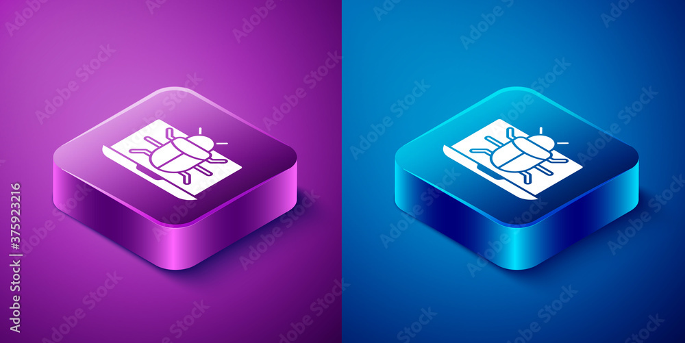 Isometric System bug on monitor icon isolated on blue and purple background. Code bug concept. Bug in the system. Bug searching. Square button. Vector. Isometric System bug on monitor icon isolated on blue and purple background. Code bug concept. Bug in the system. Bug searching. Square button. Vector.