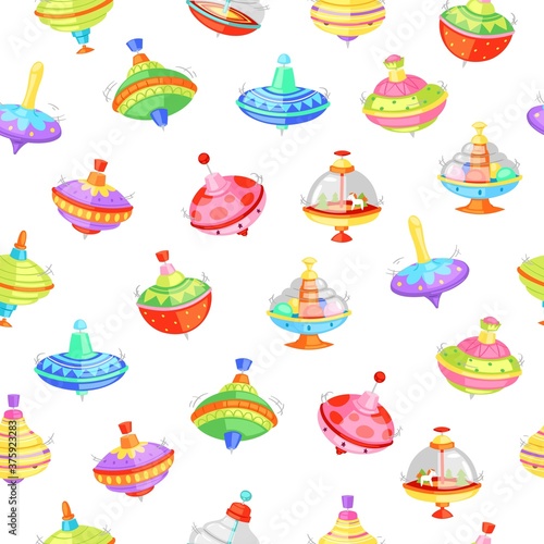 Whirligig seamless pattern vector illustration. Cartoon flat humming whirlabout with trees and horse or colorful decoration. Fun toys for preschool kids in home playroom or kindergarten background