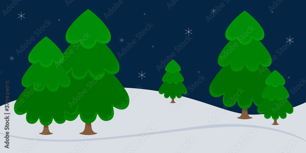 Winter forest at night. Cartoon. Vector illustration.