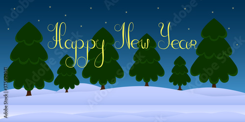 New Year greeting card. Winter forest at night. Cartoon. Vector illustration.