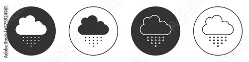 Black Cloud with rain icon isolated on white background. Rain cloud precipitation with rain drops. Circle button. Vector.