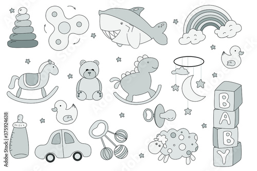 Vector illustration of kids toys. Sketch set of children's accessories. Children's toys are drawn from the hands. Vector for design